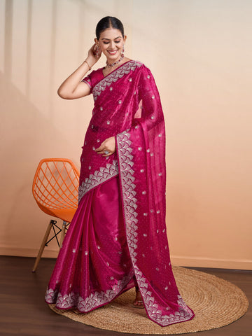 Stone Embroidery Organza Handloom Saree