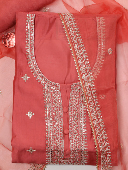 Neck Embroidered Chanderi Unstitched Suit With Dupatta