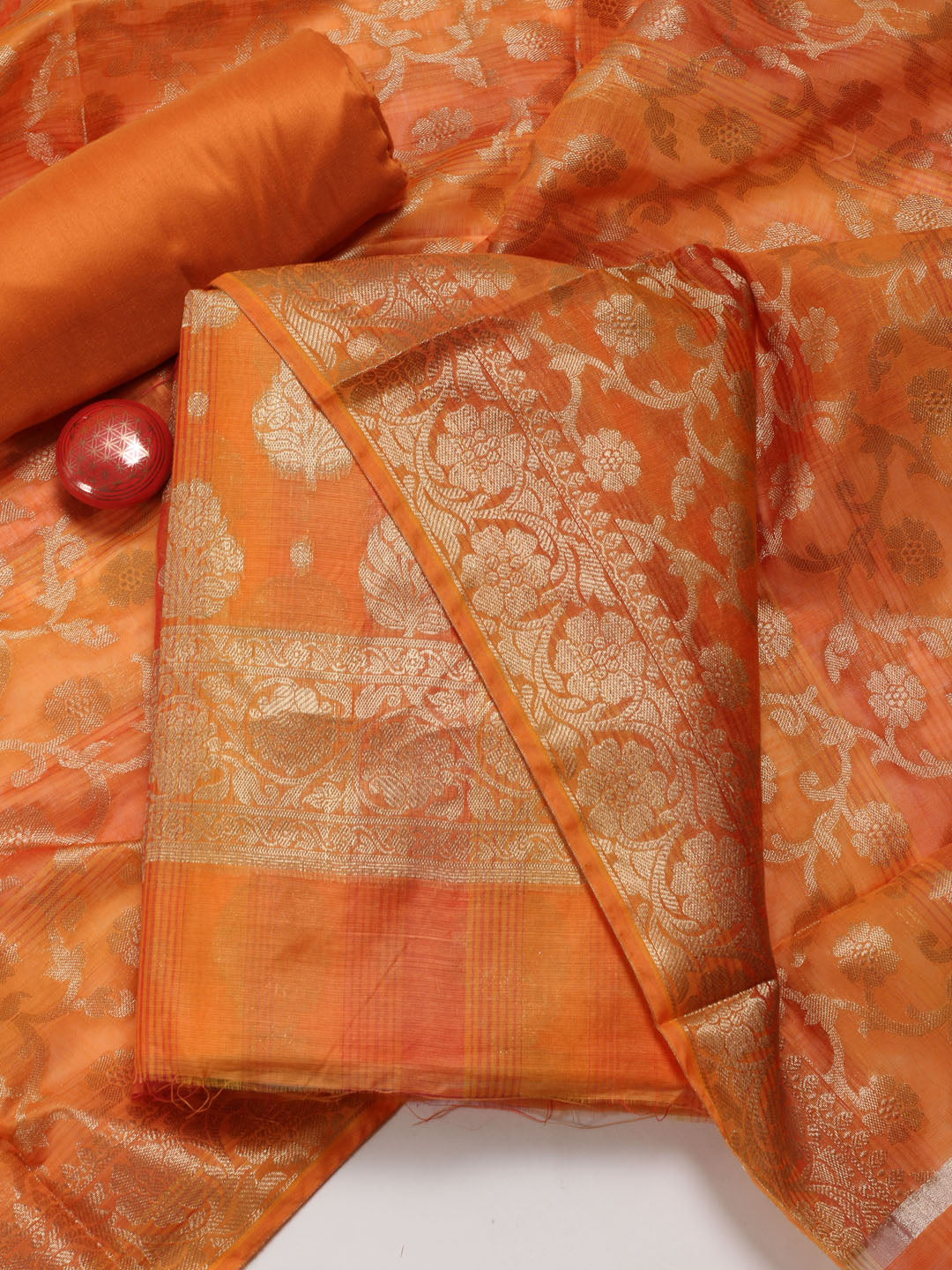 Orange Woven Design Chanderi Unstitched Dress Material
