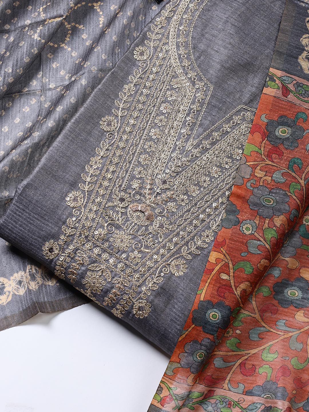 Neck Embroidered Tussar Unstitched Suit Piece With Dupatta