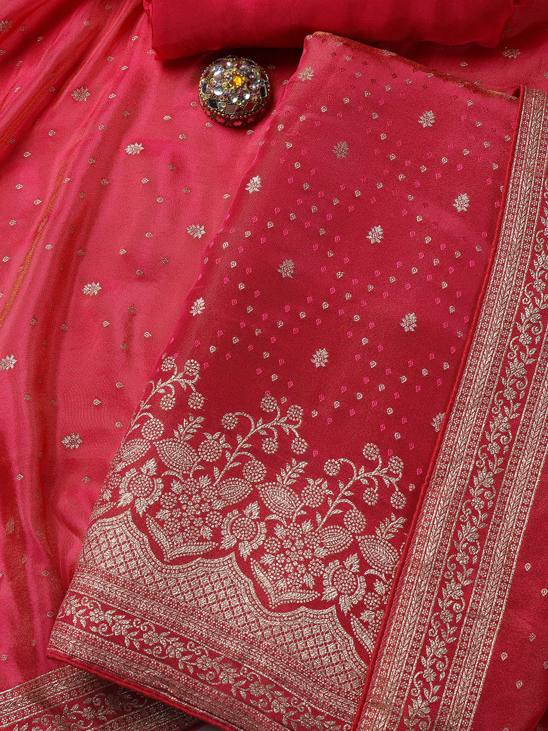Embroidered Art Silk Unstitched Suit Piece With Dupatta