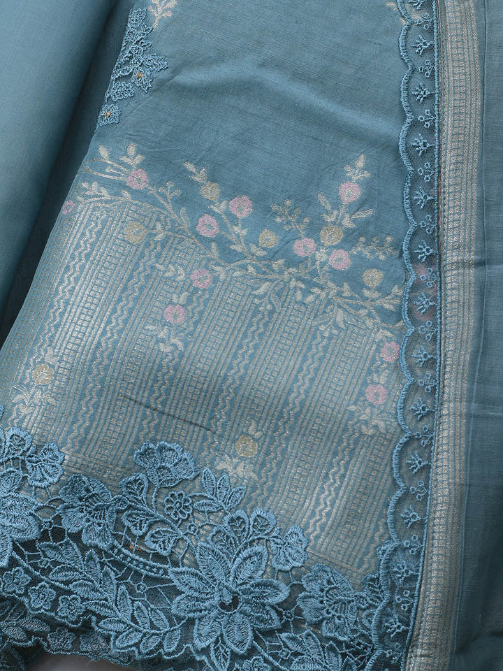 Embroidery Linen Unstitched Suit With Dupatta