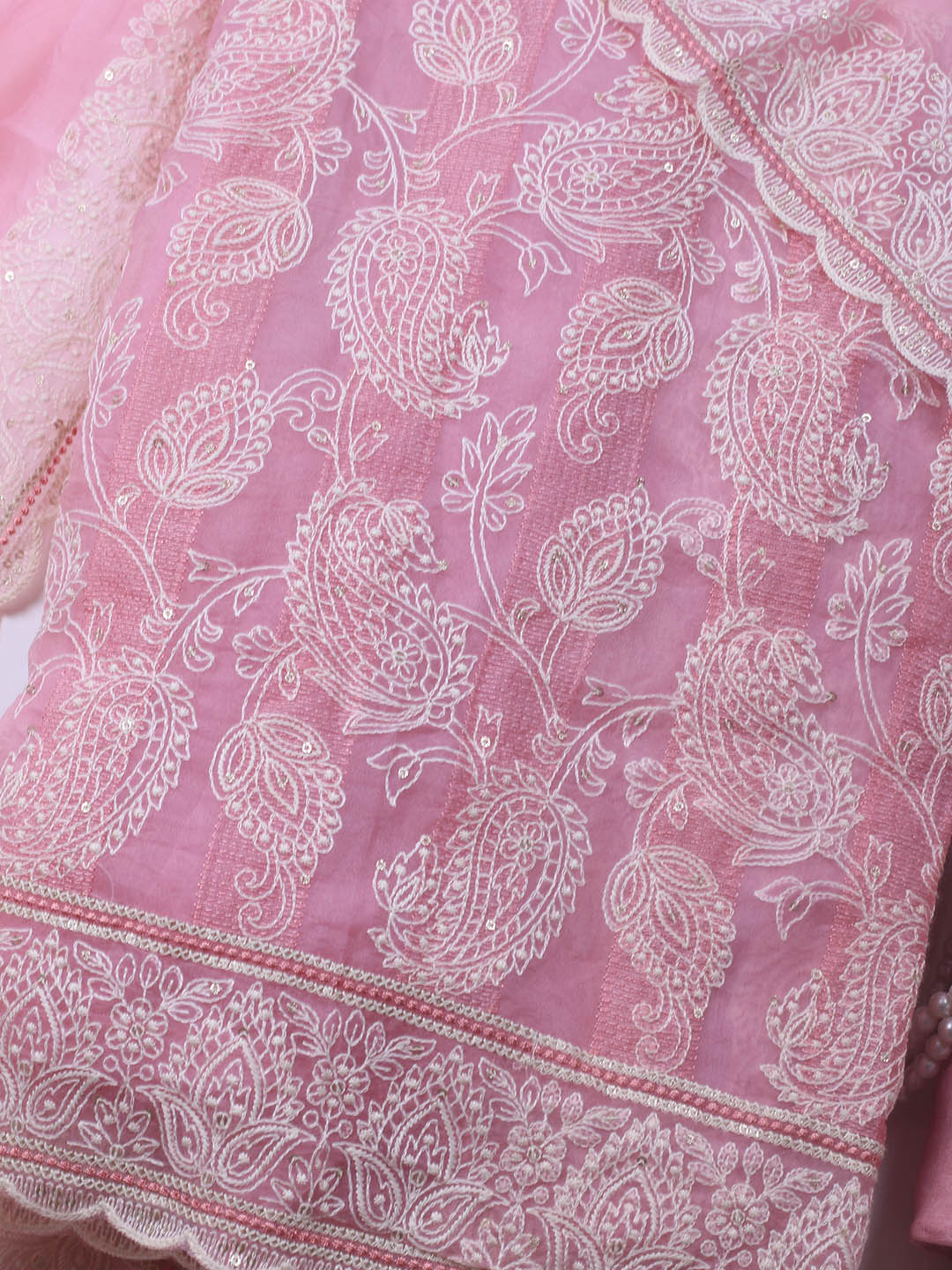 Thread Embroidery Organza Unstitched Suit Piece With Dupatta