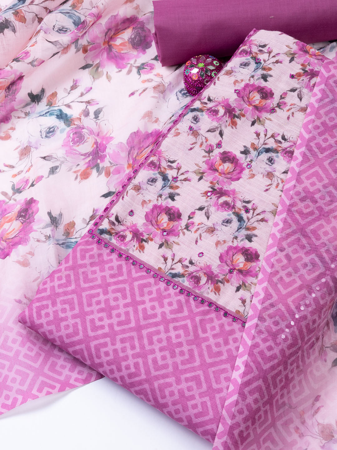 Neck Embroidered Linen Unstitched Suit Piece With Dupatta