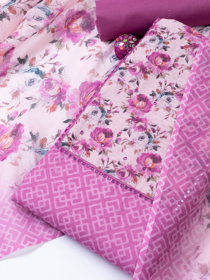 Neck Embroidered Linen Unstitched Suit Piece With Dupatta