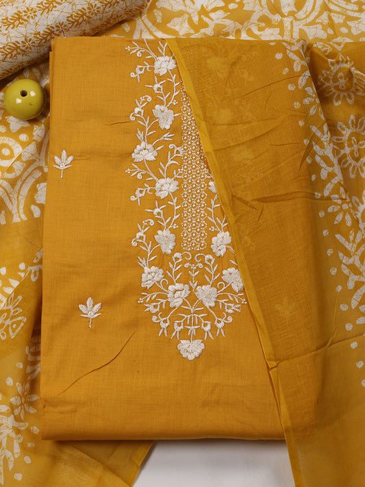 Neck Embroidered Cotton Blend Unstitched Suit Piece With Dupatta