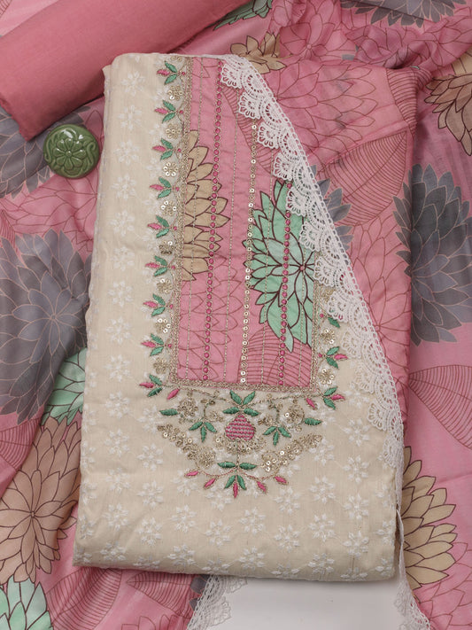 Neck Embroidered Cotton Blend Unstitched Suit Piece With Dupatta