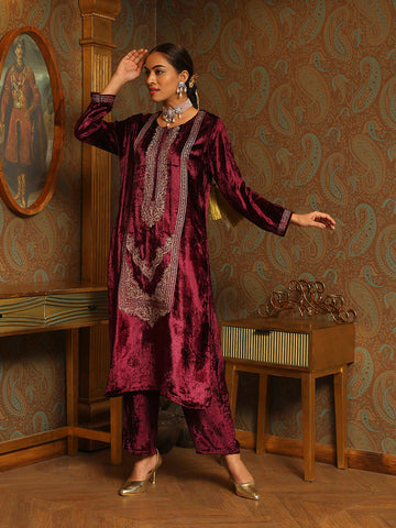 Zari Neck Embroidered Velvet Kurta With Pants