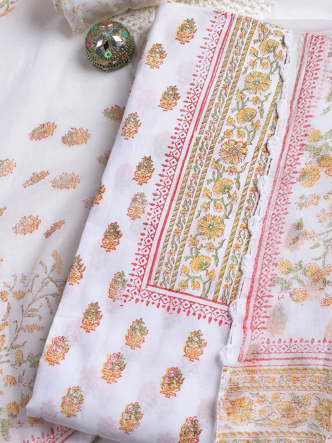 Printed Cotton Blend Unstitched Suit With Dupatta