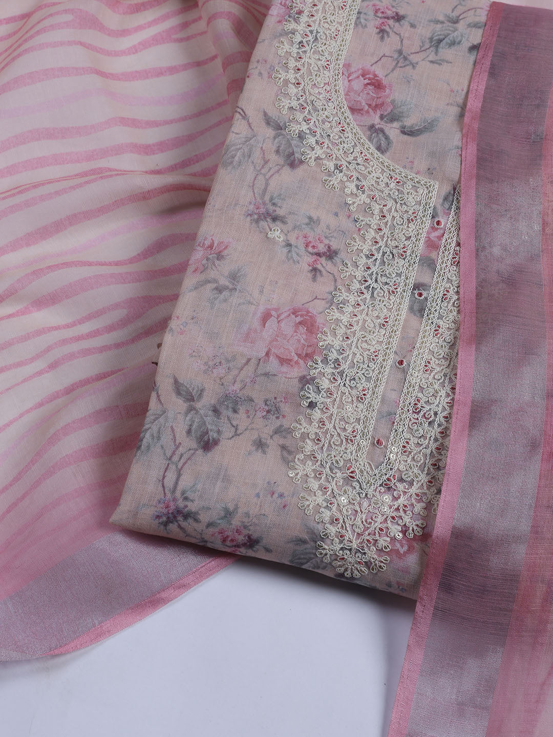 Floral Printed Linen Unstitched Suit With Dupatta