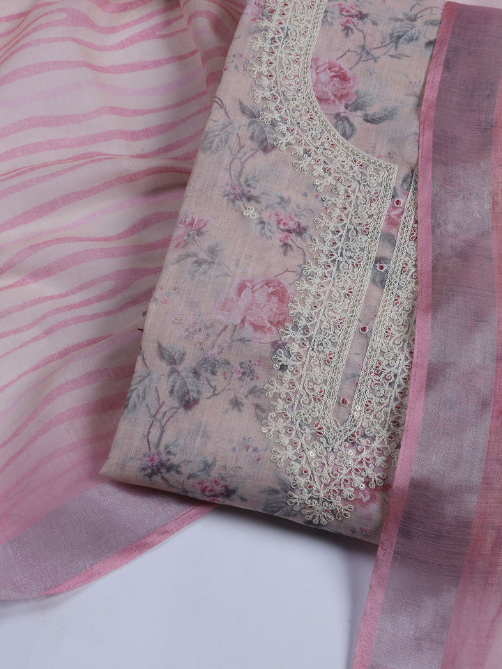 Floral Printed Linen Unstitched Suit With Dupatta