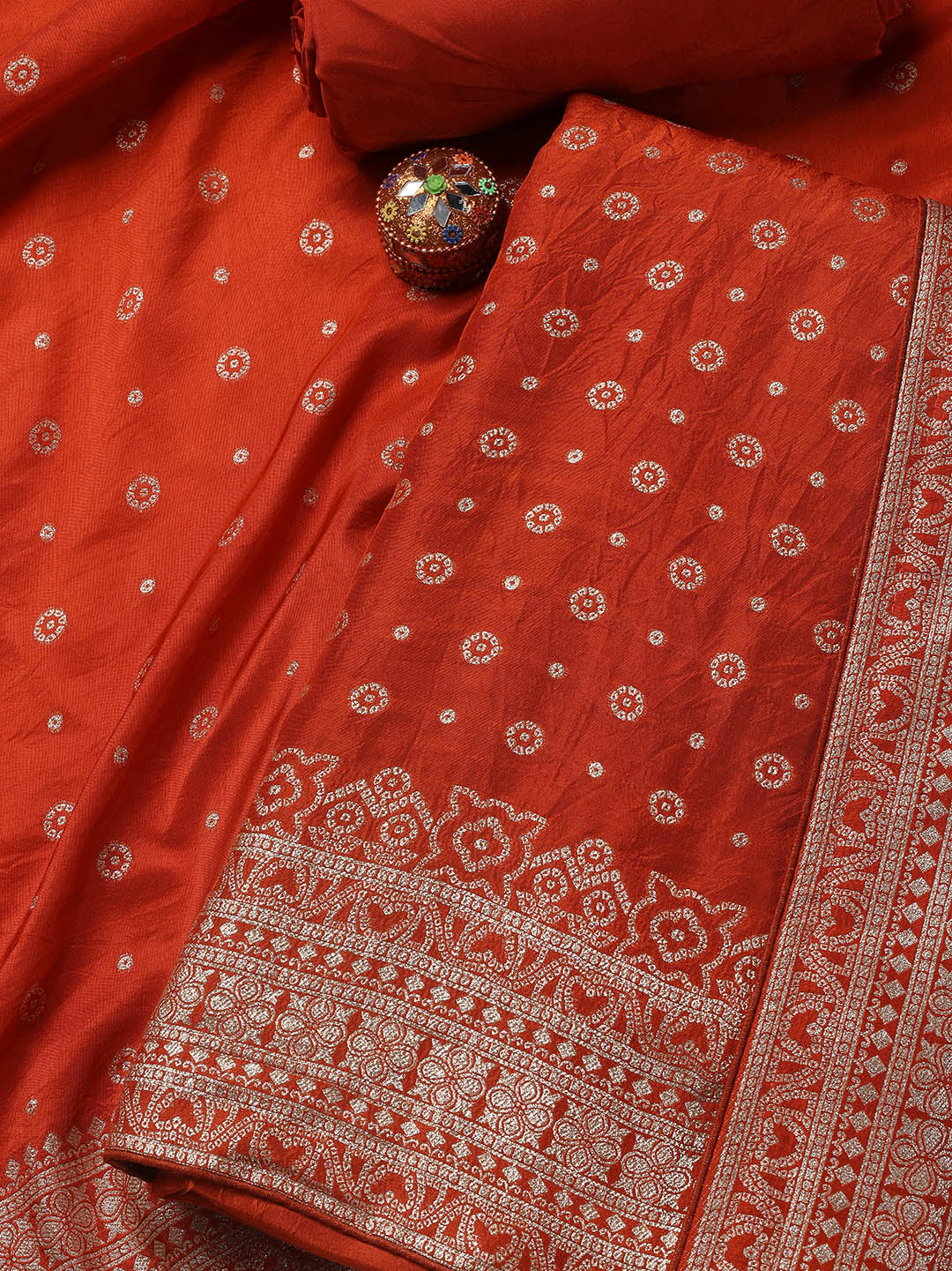 Embroidered Art Silk Unstitched Suit Piece With Dupatta