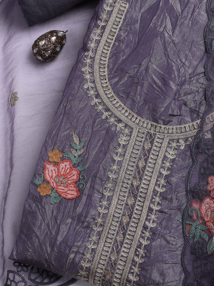 Neck Embroidery Organza Unstitched Suit Piece With Dupatta