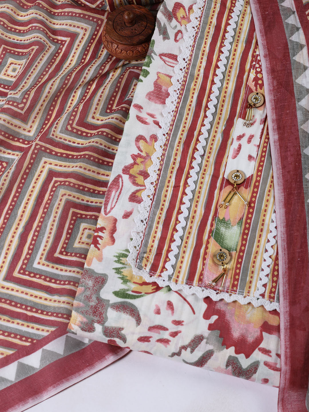Neck Patti Cotton Blend Unstitched Suit With Dupatta