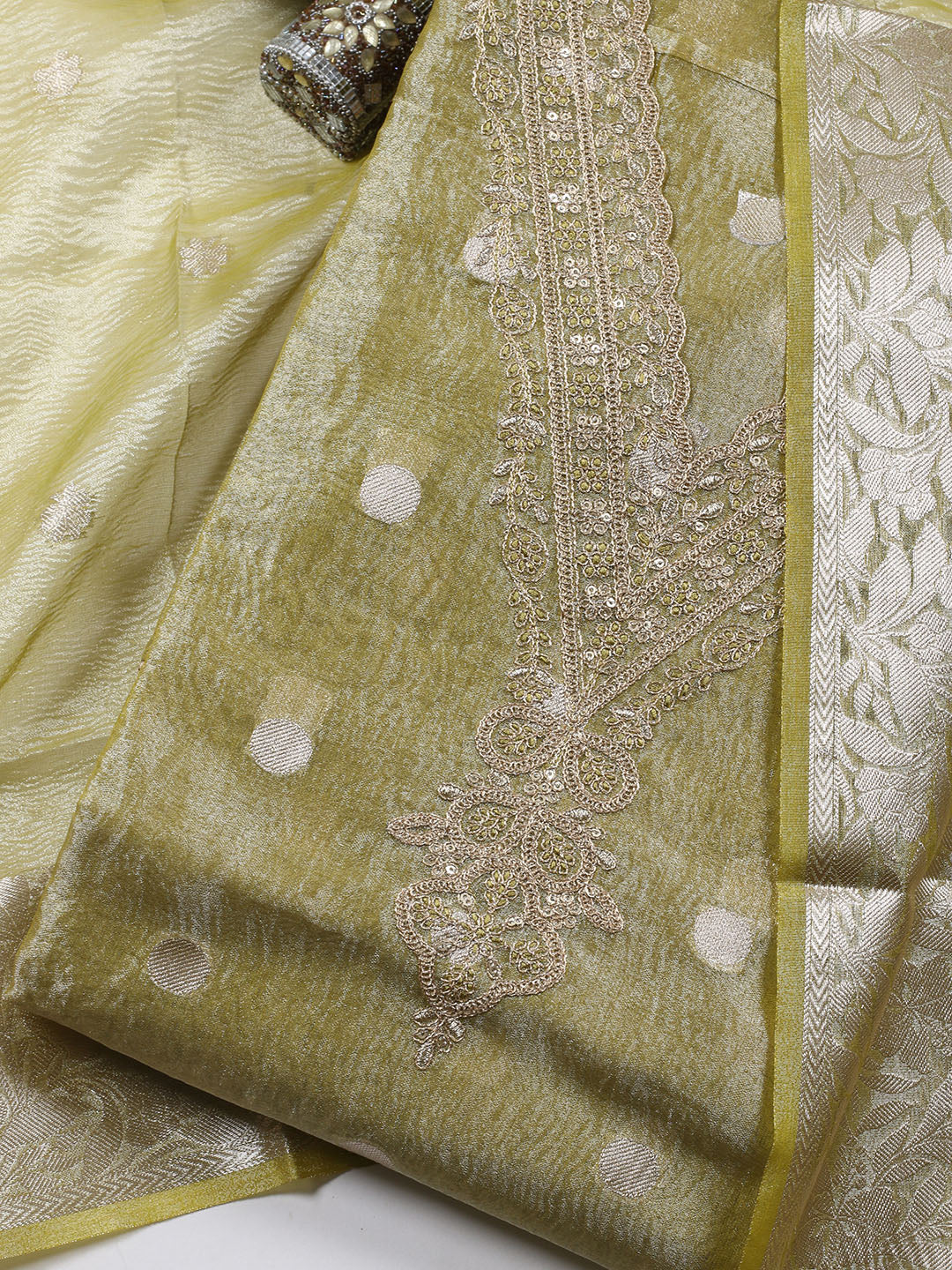 Neck Embroidered Tissue Unstitched Suit Piece With Dupatta