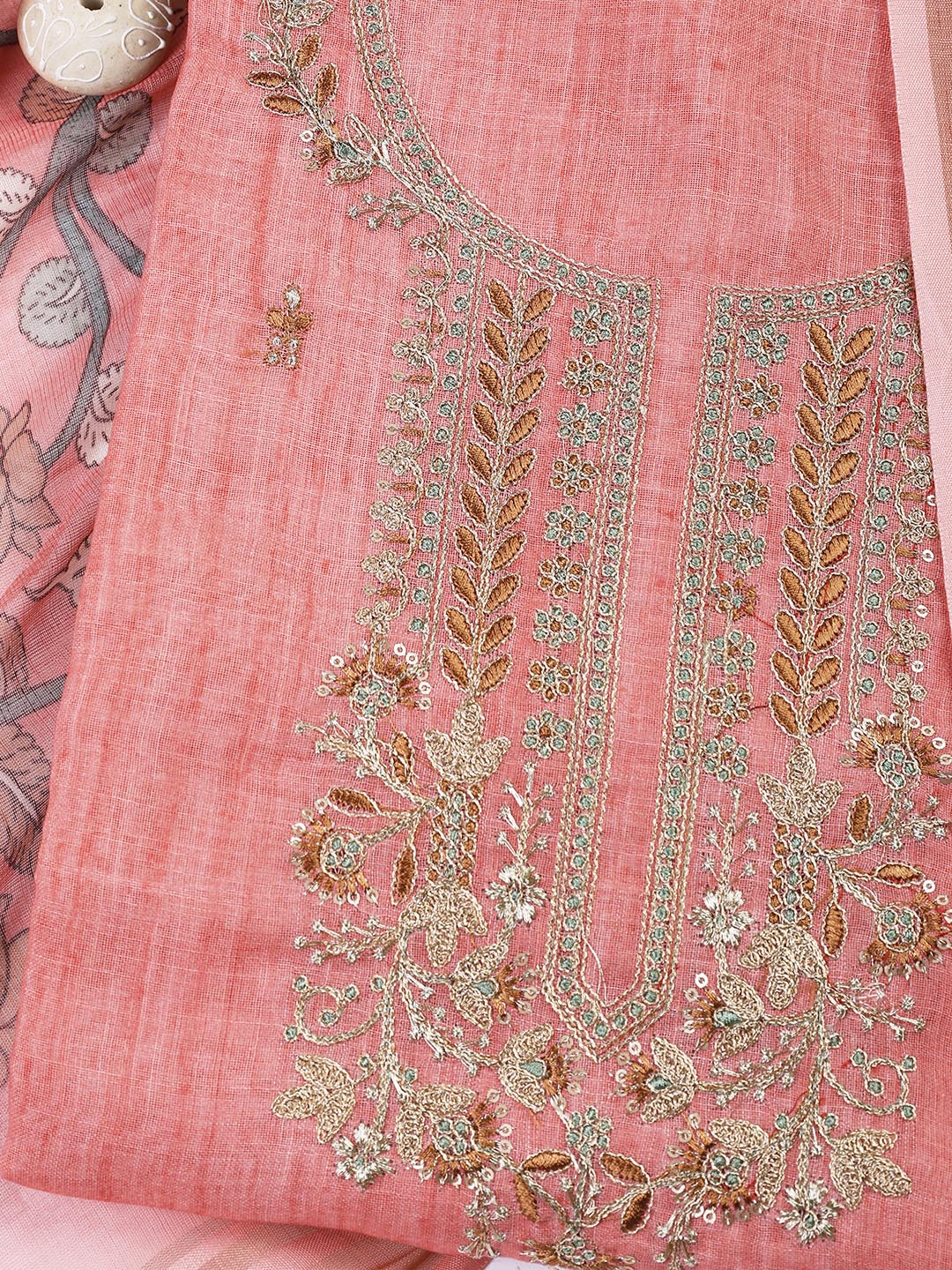 Neck Embroidered Cotton Blend Unstitched Suit With Dupatta