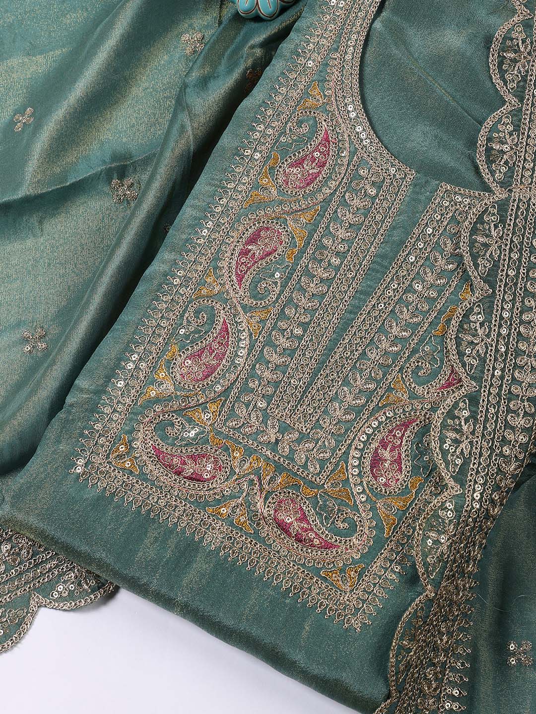 Neck Embroidered Tissue Unstitched Suit With Dupatta