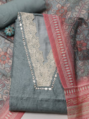 Neck Embroidered Chanderi Unstitched Suit With Dupatta