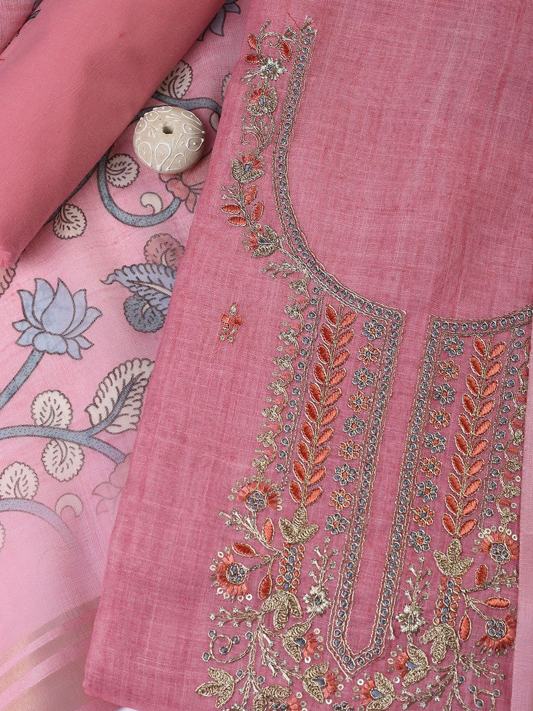 Neck Embroidered Cotton Blend Unstitched Suit With Dupatta
