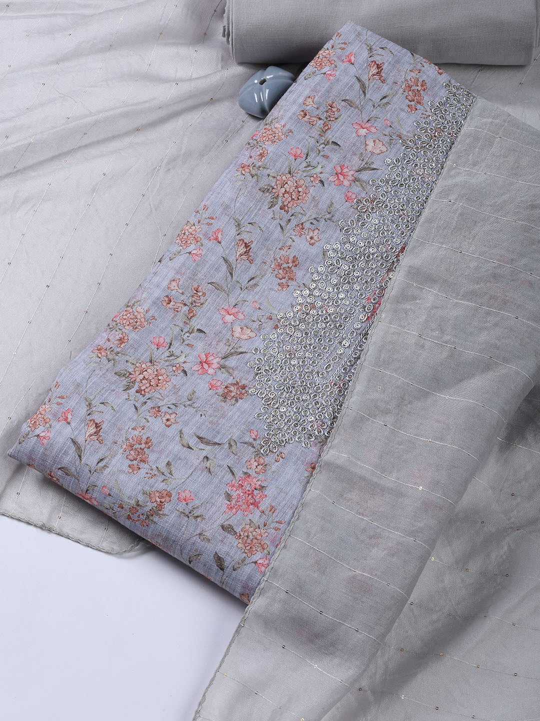 Neck Embroidery Linen Unstitched Suit With Dupatta