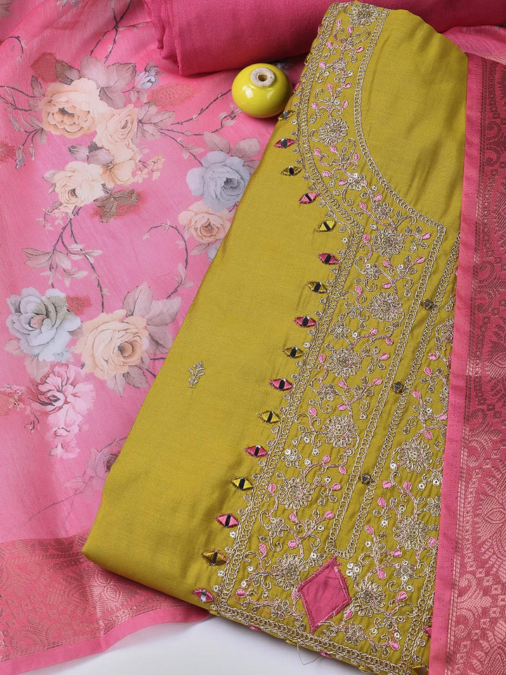Neck Embroidery Chanderi Unstitched Suit With Dupatta