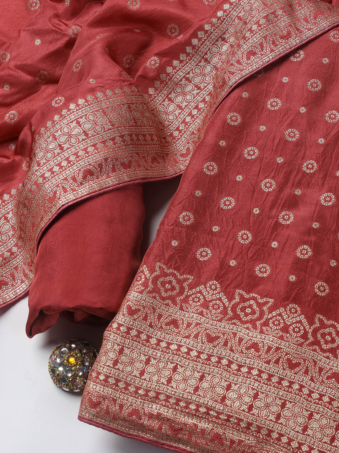 Embroidered Art Silk Unstitched Suit Piece With Dupatta