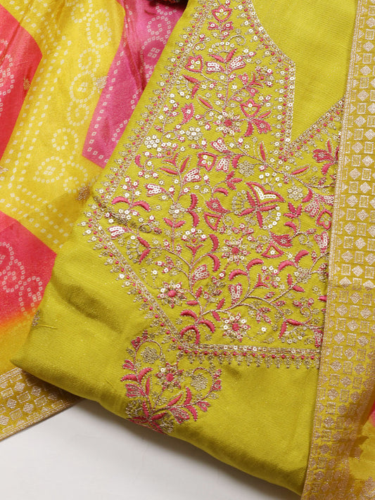 Neck Embroidered Chanderi Unstitched Suit Piece With Dupatta