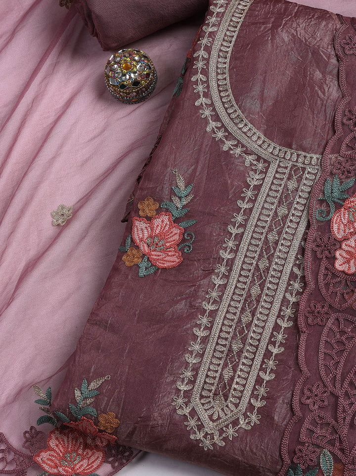Neck Embroidery Organza Unstitched Suit Piece With Dupatta