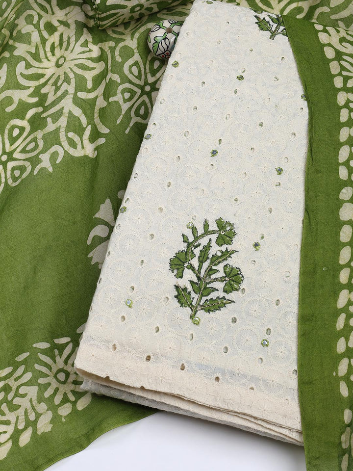 Schiffli Embroidery Cotton Blend Unstitched Suit With Dupatta