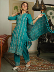 Resham Jaal Cotton Kurta With Pants & Dupatta