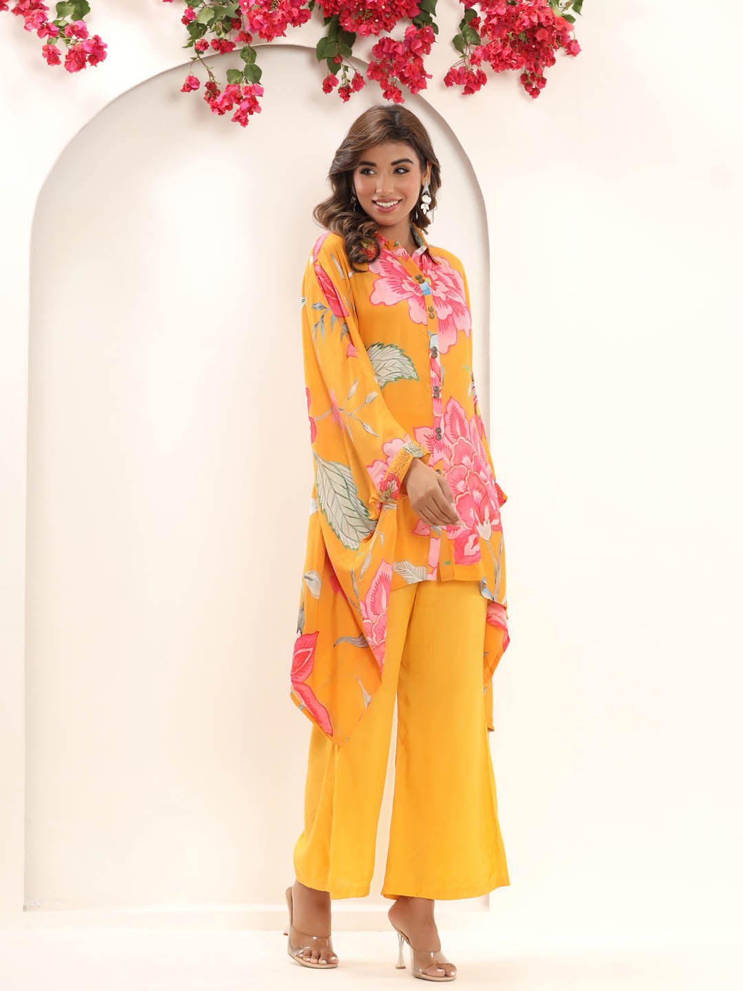 Floral Printed Muslin Kaftan Kurta With Pants