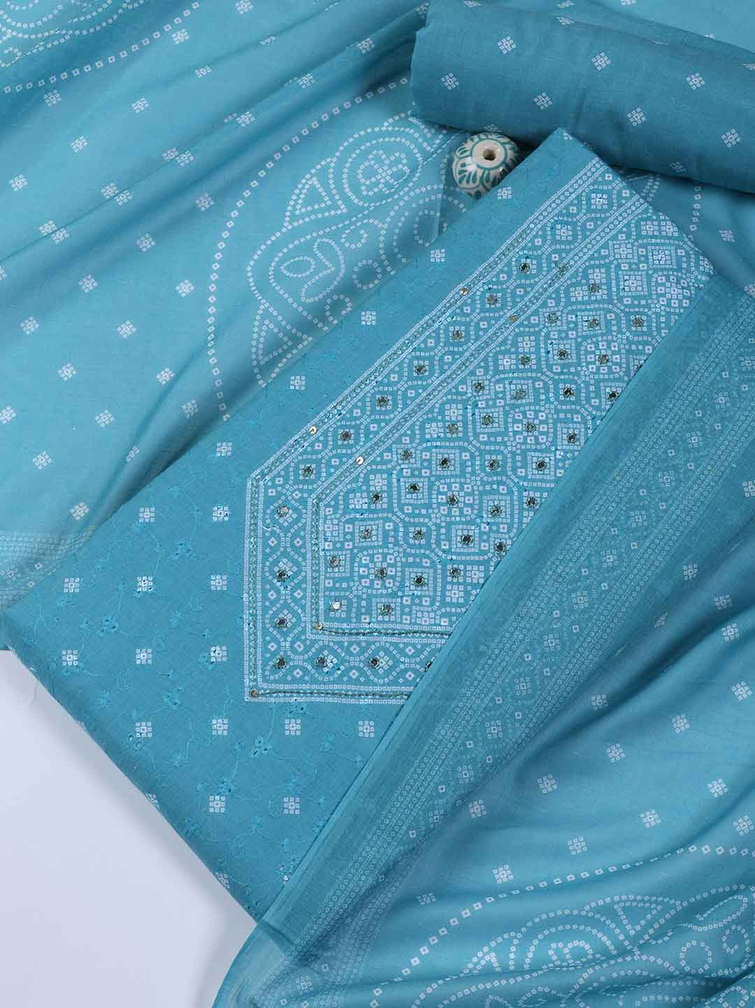 Neck Work Cotton Blend Unstitched Suit With Dupatta