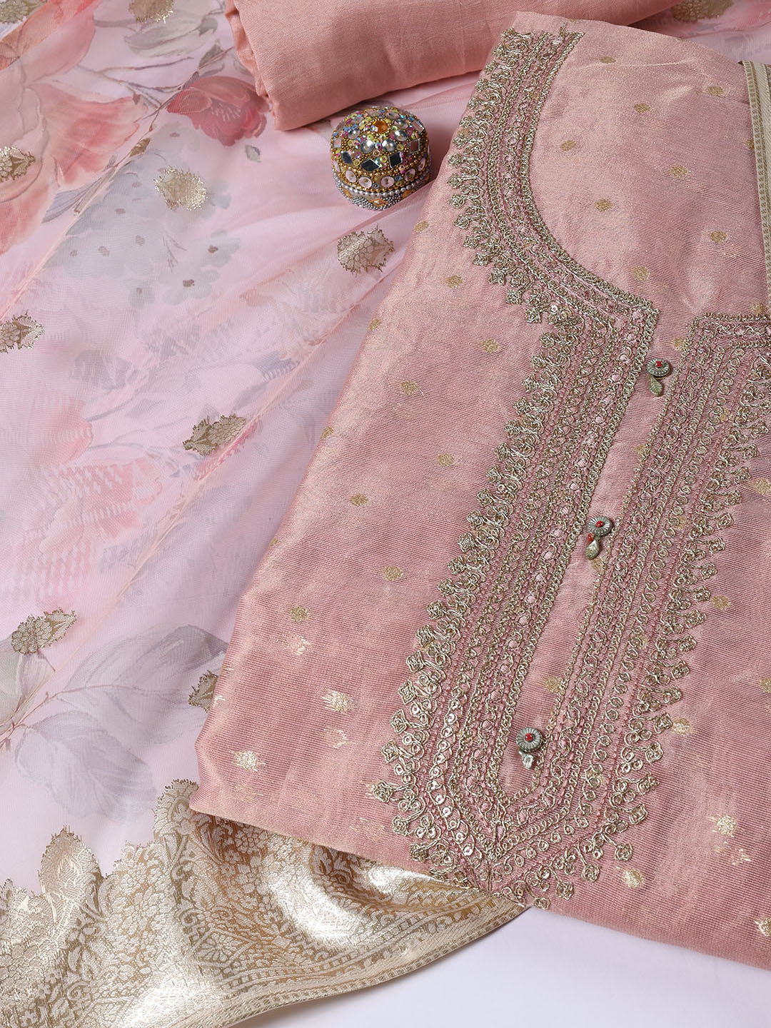 Neck Embroidered Tissue Unstitched Suit Piece With Dupatta