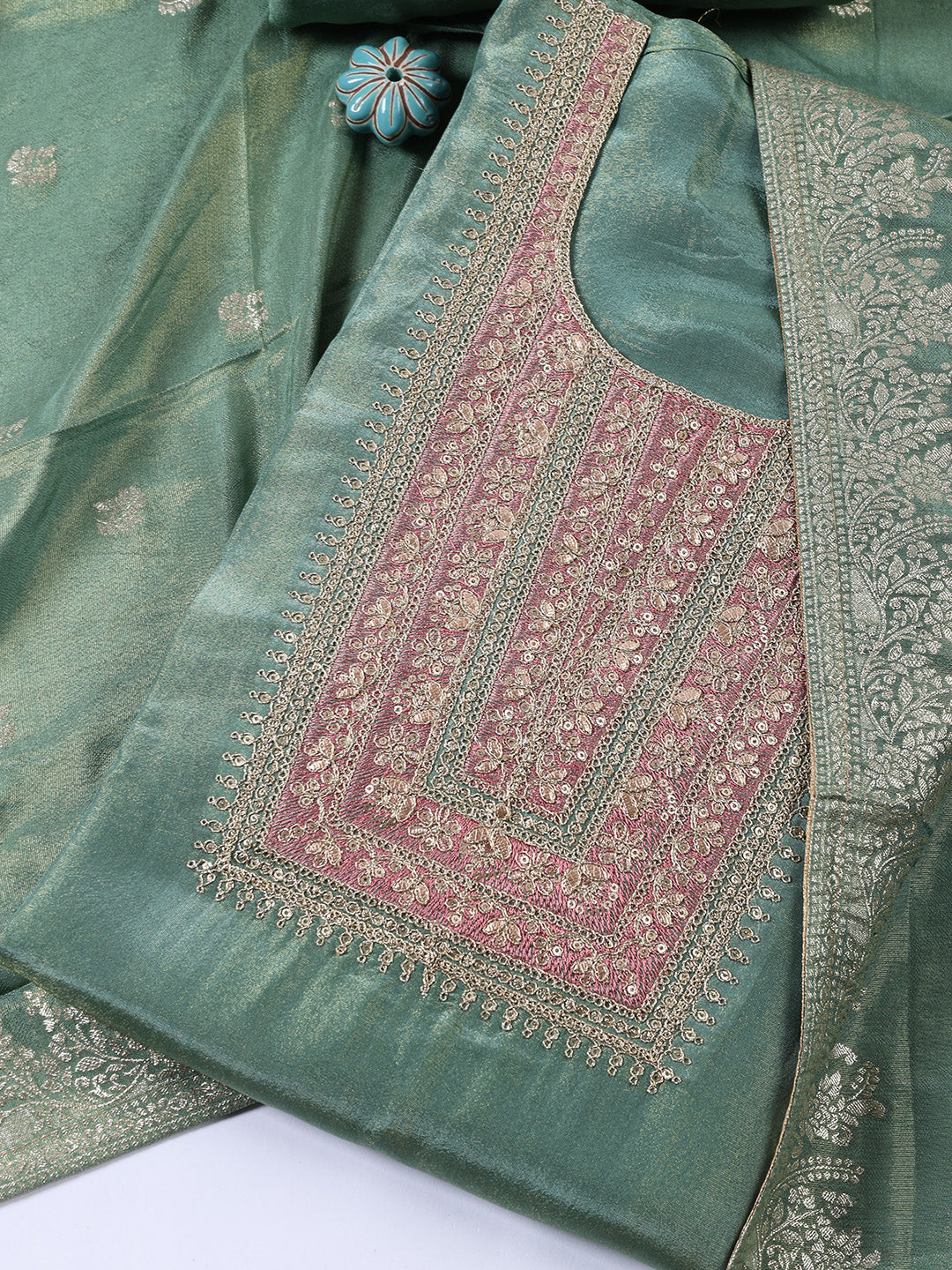 Neck Embroidered Tissue Unstitched Suit With Dupatta