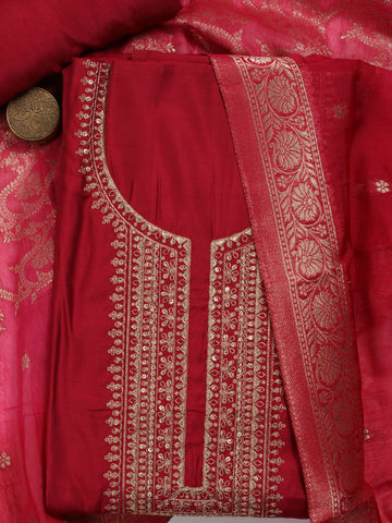 Neck Embroidery Chanderi Unstitched Suit With Dupatta