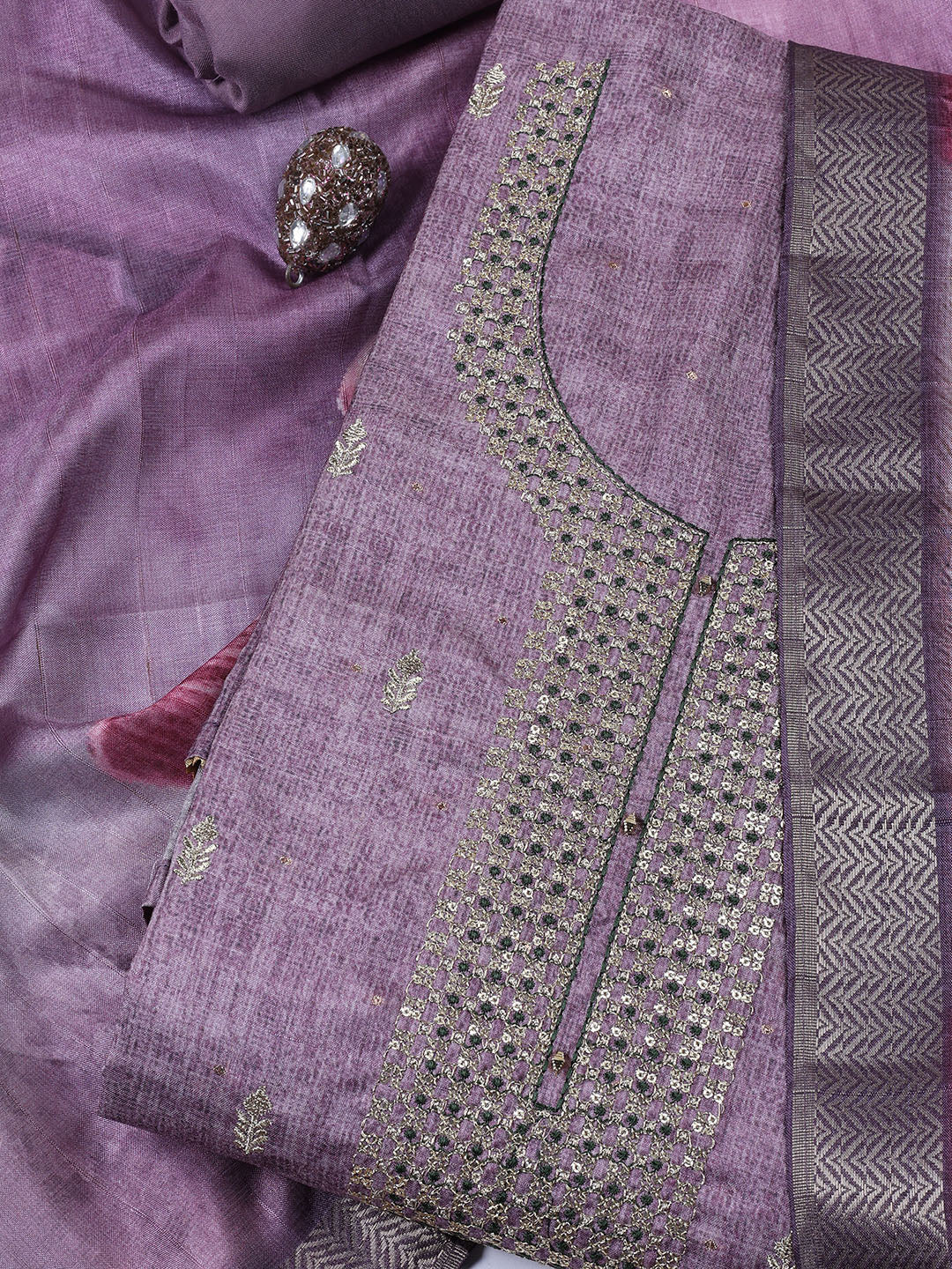 Neck Embroidered Tussar Unstitched Suit With Dupatta