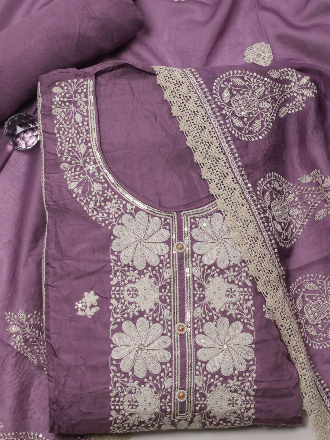 Thread Embroidery Cotton Blend Unstitched Suit With Dupatta