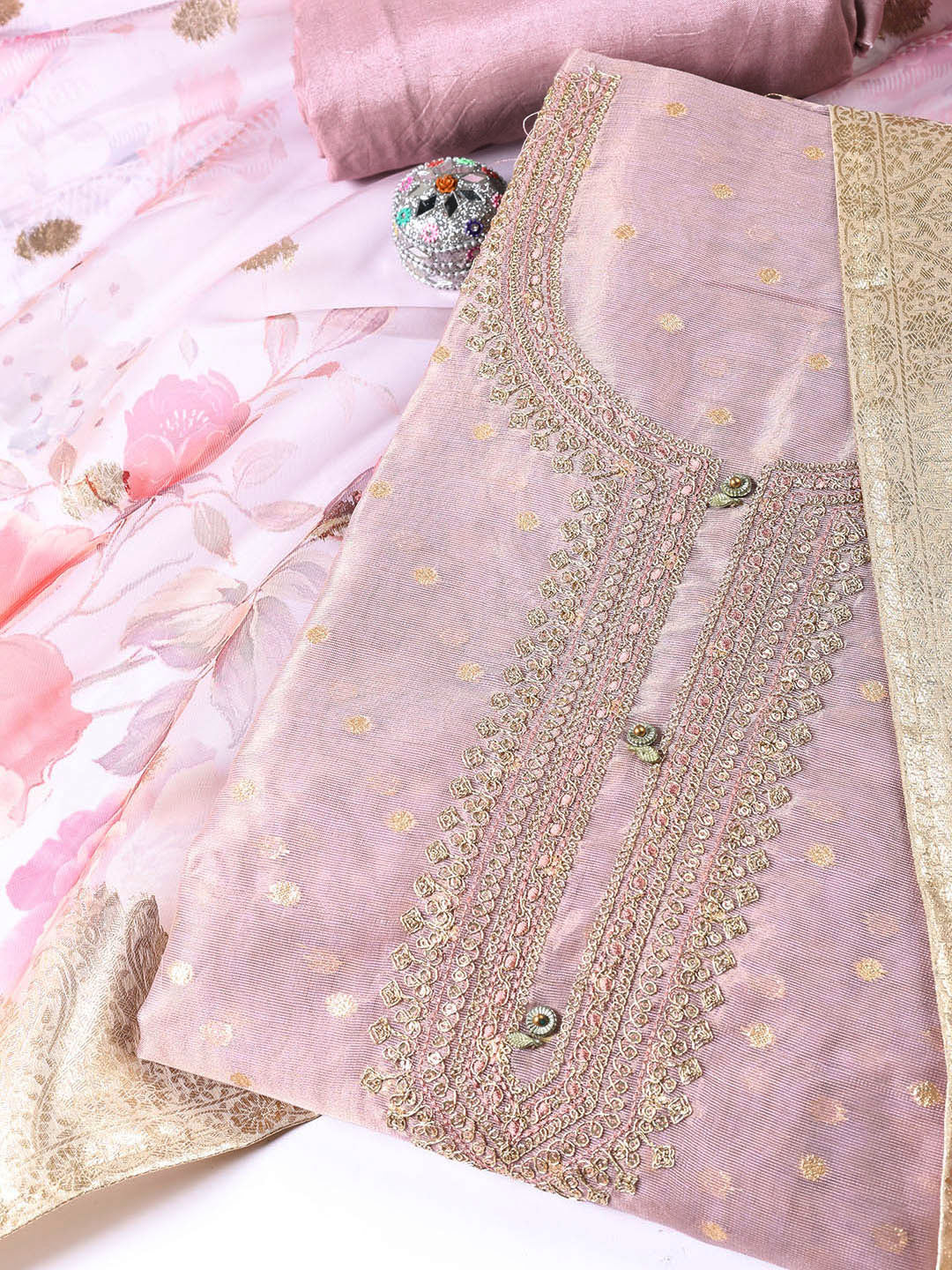 Neck Embroidered Tissue Unstitched Suit Piece With Dupatta