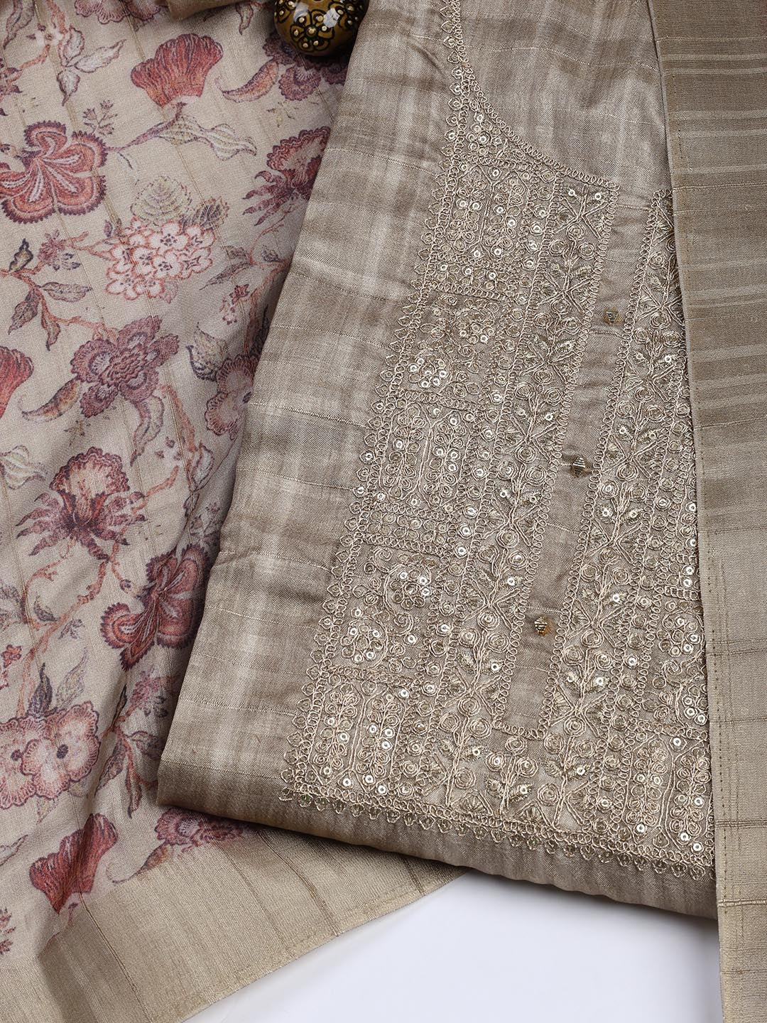 Neck Embroidery Art Tussar Unstitched Suit With Dupatta