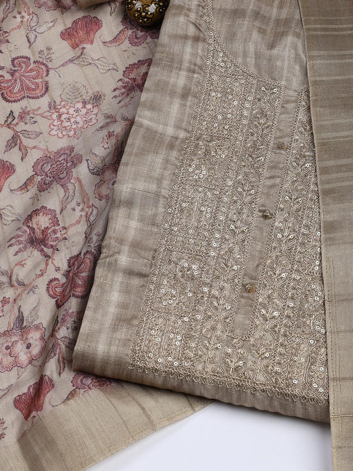Neck Embroidery Art Tussar Unstitched Suit With Dupatta