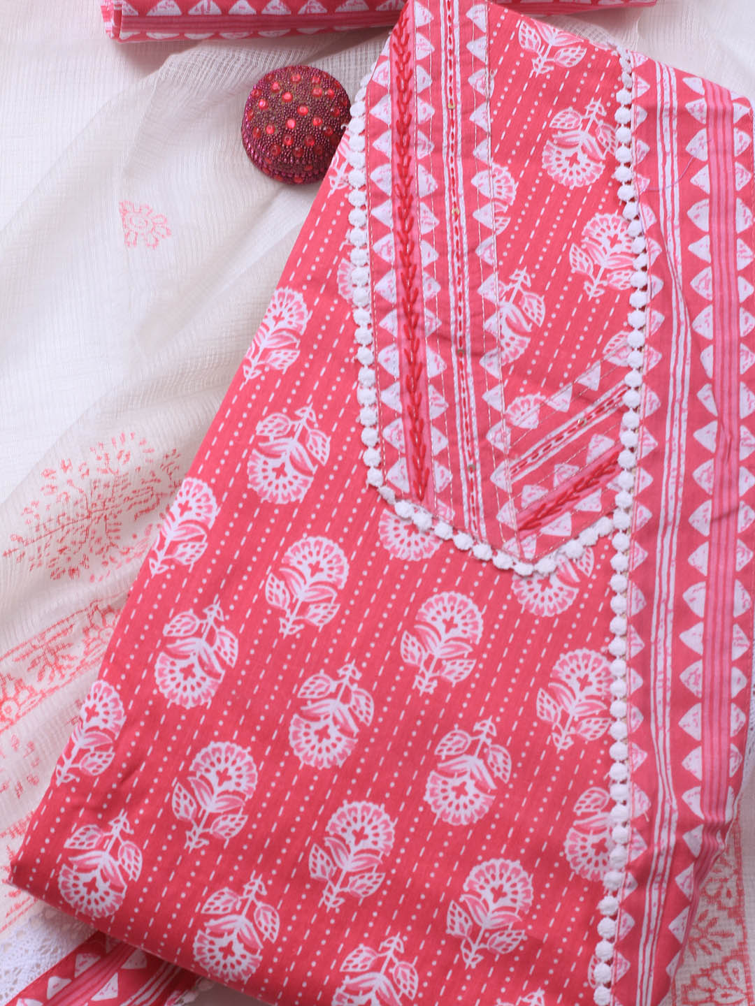 Printed Cotton Blend Unstitched Suit With Dupatta