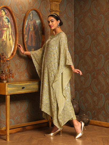 Sequin Embroidered Georgette Kaftan Kurti With Pants