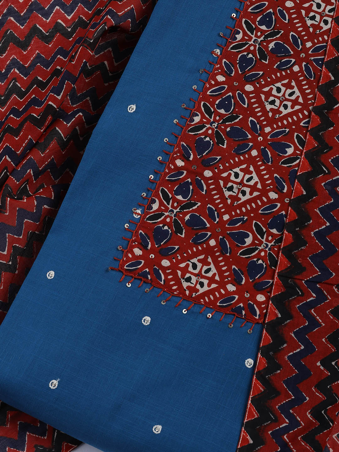 Neck Mirror Work Cotton Blend Unstitched Suit With Dupatta