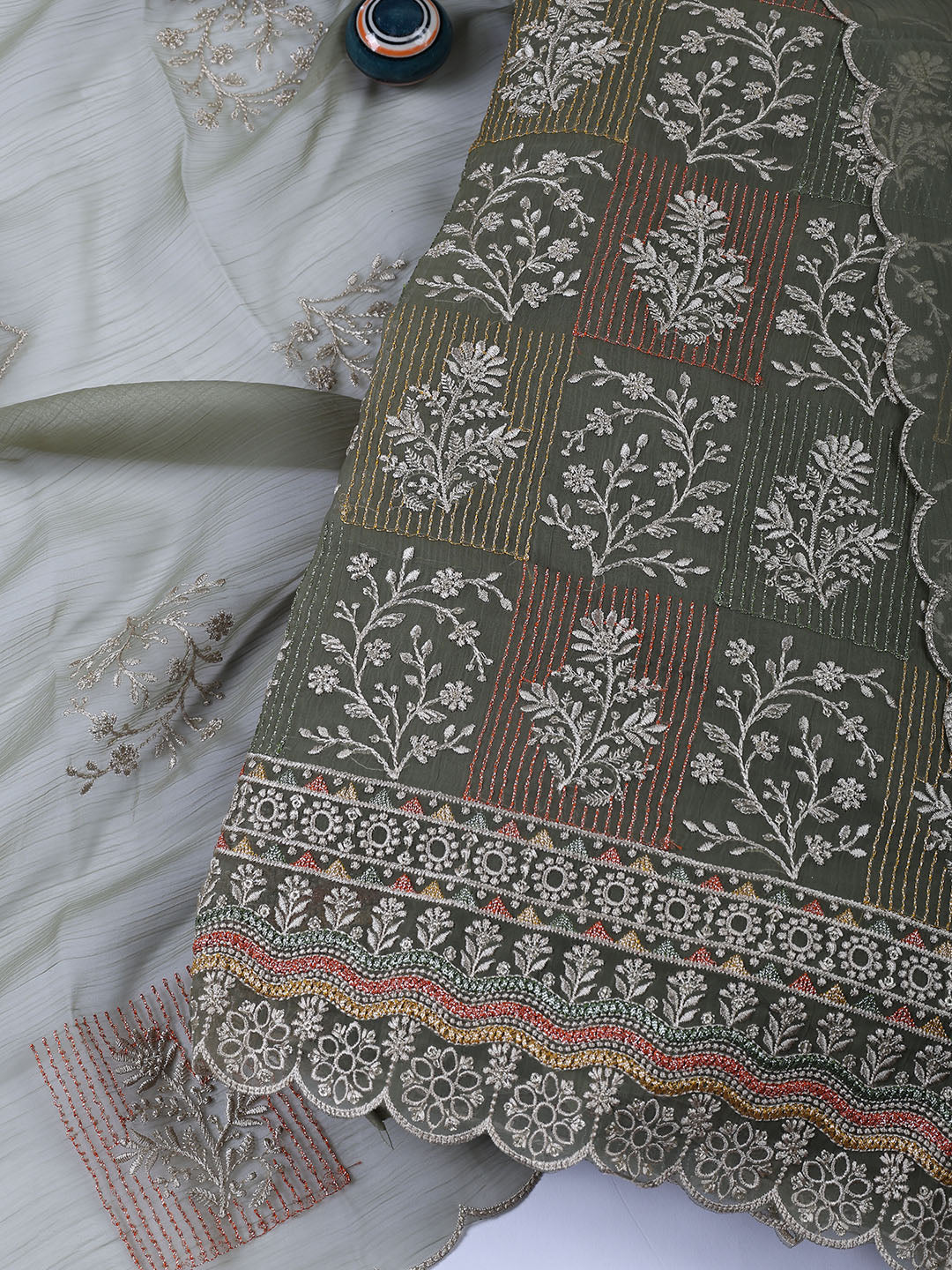 Embroidered Organza Unstitched Suit With Dupatta