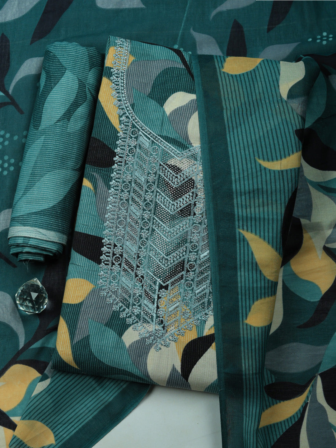 Printed Chanderi Unstitched Suit With Pant &amp; Dupatta