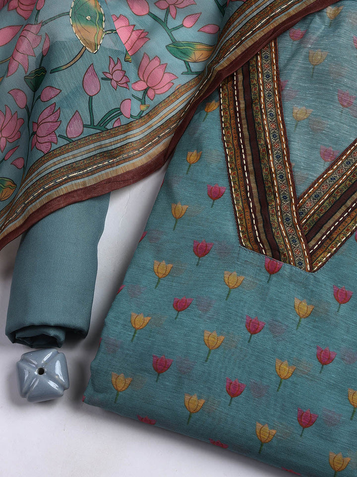 Neck Patti Chanderi Unstitched Suit With Dupatta