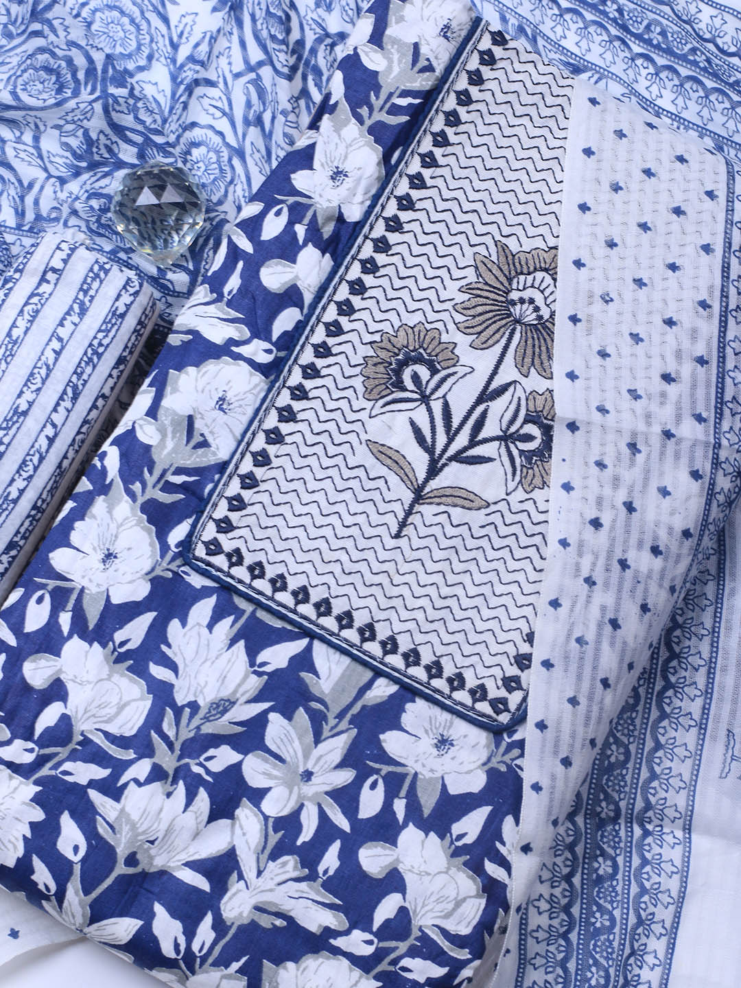 Printed Cotton Blend Unstitched Suit With Dupatta