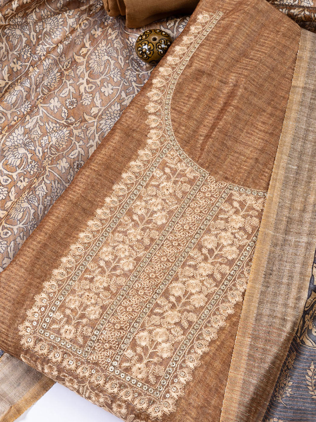 Neck Embroidered Chanderi Unstitched Suit With Dupatta