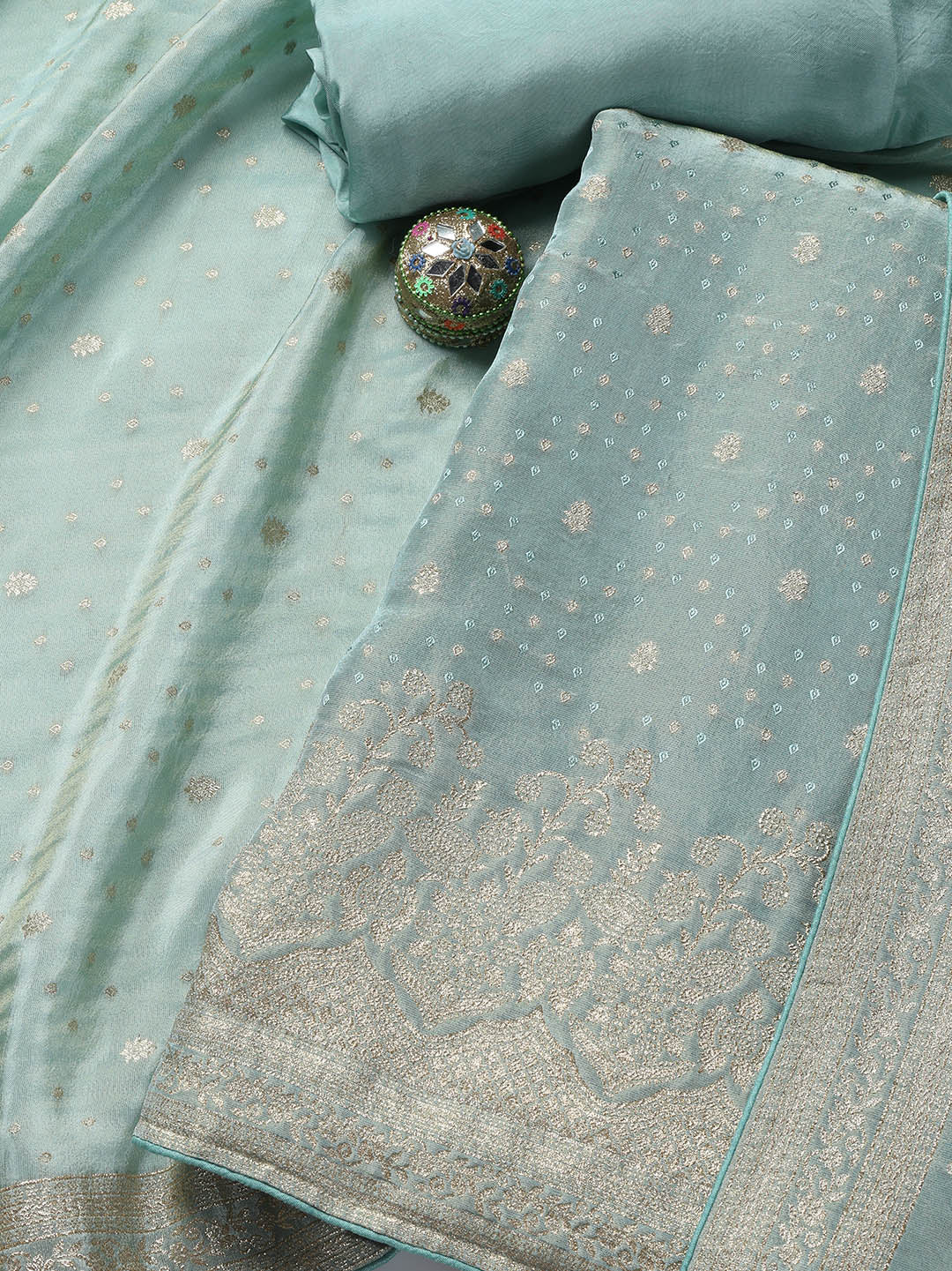 Embroidered Art Silk Unstitched Suit Piece With Dupatta