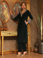 Zari Neck Embroidered Velvet Kurta With Pants